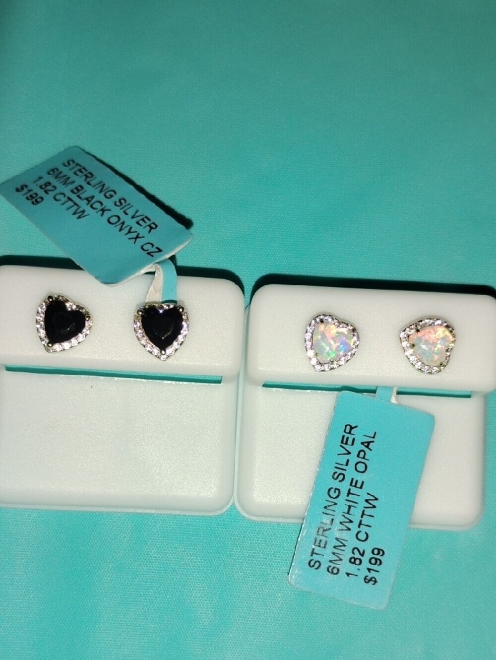 Sterling Silver Heart Stud Earrings - Black Onyx and White Opal Gold Over - Picture 2 of 4